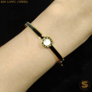 Sis Love Jewel Titanium Steel 18K Gold Plated Roman Black Oval Bangle Minimalist Simple Gelang Tangan Women Fashion Jewellery H089