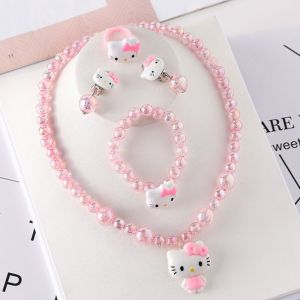 GLOWLITE 4pcs/set Cartoon Kitty Beads Jewelry Cute Girls Necklace Bracelet Earclips Exquisite Princess Children Jewelry Set Kids