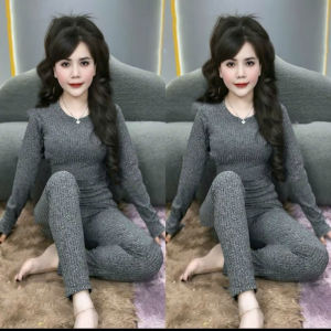 Đồ Bộ Cổ Tròn Tay Dài Quần Baggy chất liệu gân đũa lạnh đồ bộ nữ mặc nhà đồ bộ ủ kem