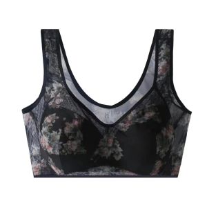 Printed lace mesh tank top with full cup straps push-up bra