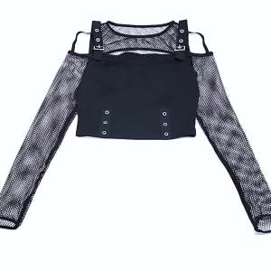 Goth Dark Mall Gothic Fishnet Patchwork T-shirts Grunge Punk Hollow Out Buckle Crop Tops Techwear Fashion Female Alt Streetwear2026