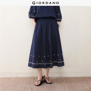 Giordano Women Elastic waist embroidered maxi skirt Free Shipping 18466311