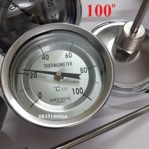 Đồng hồ đo nhiệt độ từ 0 - 100 độ C Mặt 80mmm Cán cảm ứng dài 130mm ren 21mm. Dùng đo và kiểm tra nhiệt độ lò hơi lò nướng lò sấy nồi hơi