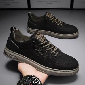 Men Black Rubber Shoes Korean Fashion Breathable Lace Up Sports Sneakers Comfort Flat Casual Shoes For Men On Sale