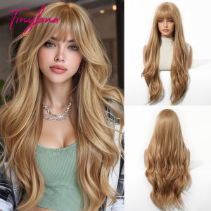 Tóc giả tổng hợp sóng vàng dài có mái bằng cho phụ nữ Màu nâu vàng tự nhiên Cosplay trang phục hàng ngày Tóc giả chịu nhiệt2026