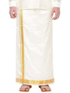 Ready Stock Mens Easy To Wear Best Adjustable White Dhoti Veshtis With Pocket & Golden Jari Border 100% Pure Cotton Hiqh Quality Comfortable Wear