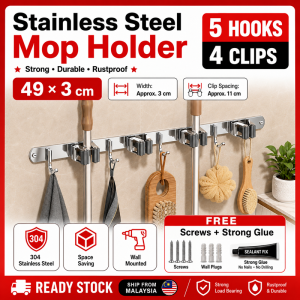 【Ready stock】 304 Stainless Steel Wall Mount Mop and Broom Holder Punch Free Waterproof Anti Rust Clip Hanger Multifunctional Household Cleaning Tool Storage Organizer for Indoor Outdoor Home Use