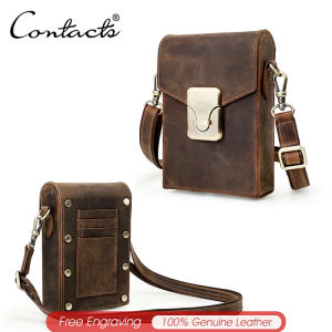 CONTACTS Genuine Leather Waist Bag for Men Cell Phone Bags Pouch with Card Holders Male Shoulder Bag