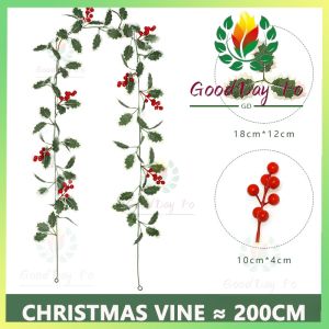 【LOCAL SELLER】2M Artificial Red Berries Leaf Vine Foliage Rattan Garland Christmas DIY Wreath Door Window Table Stair Decor Xmas Tree Hanging Ornaments Festival New Year Wedding Decoration