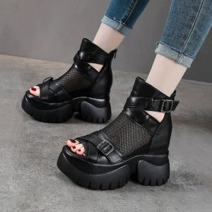 [Free Shipping] Womens Summer Genuine Leather Thick-Soled Fish-Mouth Height-Increasing Sandals for Petite Women Mesh Wedge Heel Sandals 2026 New High-Top Roman Style