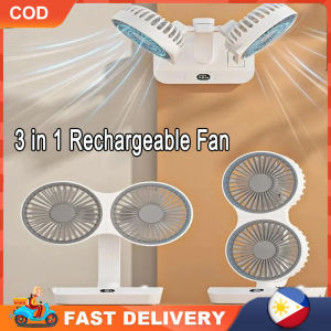 3 in 1 Desk Fan USB Rechargeable Desktop Double Head Fan Portable Wall Fan Mini Ceiling Fan 4000mAh Battery Oscillating Electric Fan for Office Camping Car Table Fan Hanging Fan