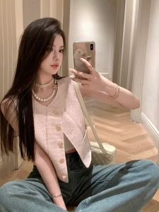 Chalecos Mujer Cropped Pink Tweed Vest Women Sweet Summer Jackets for  2025 Tops Sleeveless Cardigan Coats