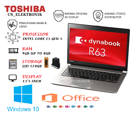 CUCI GUDANG LAPTOP TOSHIBA DYNABOOK R63 CORE I5 GEN 5 RAM 8GB SSD 128GB  WINDOWS 10 FREE TAS/MOUSE | Lazada Indonesia