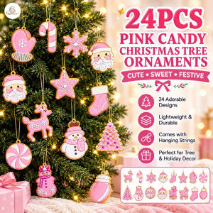 CuddleCove Christmas Tree Ornaments Set 24PCS Pink Candy Santa Snowman Reindeer Gingerbread Hanging Decoration