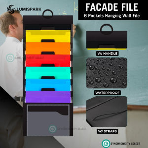 Facade File 6 Pocket Hanging Wall File Organizer – Multicolor Vertical Document Holder for Home Classroom Office – Space Saving Rainbow Folder for Paper Letters Receipts Invoices – Wall-Mounted Plastic File Storage Organizer