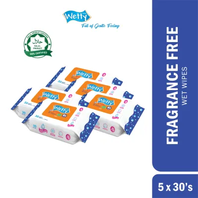Wetty Fragrance Free Wet Wipes Tuala Basah Fragrance Free Lembut Tanpa Bau 30s x 5Pack