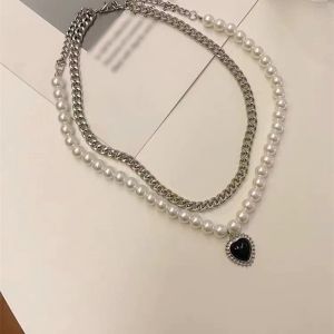 Black Love Double Layered Necklace Nữ Hip Hop Cool Wind Retro Pearl Clavicle Chain ROYALLOVEA