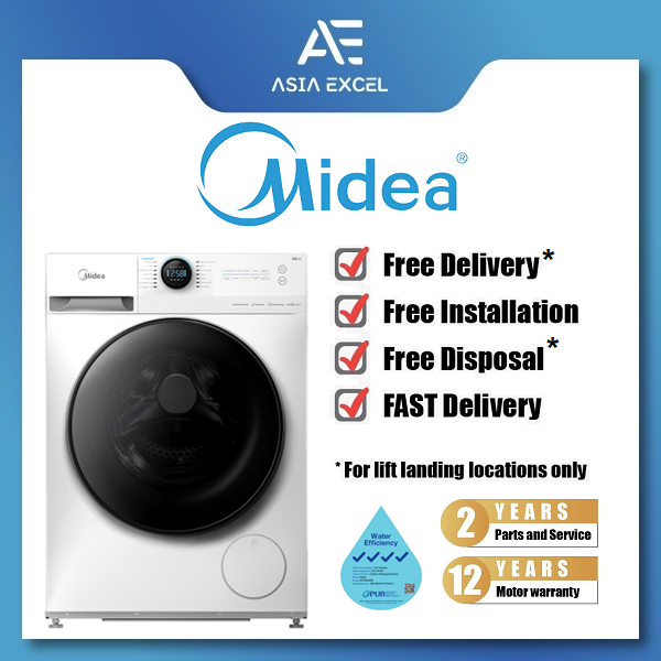 MIDEA MF200D80B 8/6KG WHITE 2 IN 1 FRONT LOAD INVERTER WASHER CUM DRYER ...