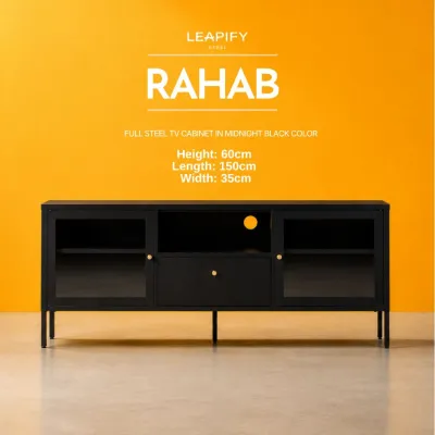 RAHAB | High-End Steel TV Cabinet in Matte Black Color with Pure Glass Doors and Gold Plated Handles by Leapify Steel
