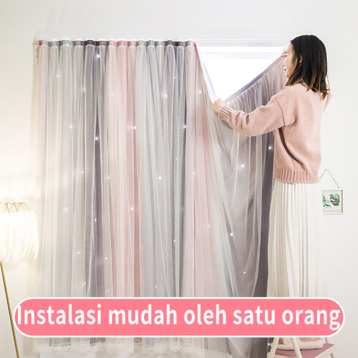 Tirai  Hordeng  gorden  pintu tempel horden pasang Tanpa Paku Dan Bor tanpa paku gorden anak kost  bintang berongga  dan jahitan langit berbintang  blackout jendela   magic velcro Tirai