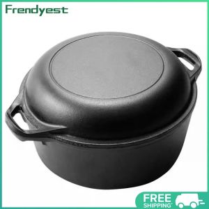 COD [Free Shipping] 2 in 1 Cast Iron Dutch Oven with Skillet Lid for Bread Baking and Camping Cooking Heavy Duty Black Coating