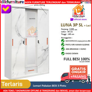 KLIKFURNITURE Lemari Pakaian Full Besi 3 Pintu Sliding Cermin + Laci LUNA 3P