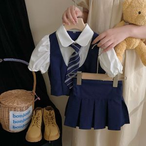 Terno for Kids Girls Preppy Style Set JK Uniform Campus Look Two-Piece Suit Baby Girl Shirt Fashion Pleated Culottes Summer Skirt Korean Outfit for Kids Girls Clothes for Kids Girls Back to School