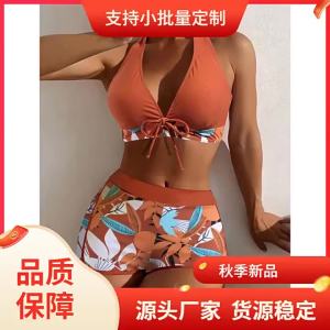 European and American style womens two-piece high-waisted bikini with tie-side briefs printed or solid color swimsuit