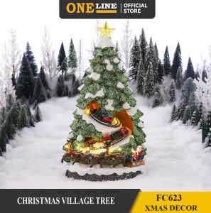 ONELINE #FC623 Christmas Village Tree Shape Santa Claus Resin - Moving Trains & Colourful LED Lights & Festive Songs