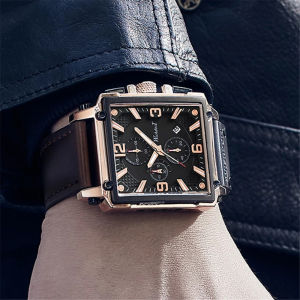 CLIBER WISHDOIT Free Box Fashion Waterproof Mens Watch Top Brand Luxury Leather Square Large Dial Sports Quartz Chronograph