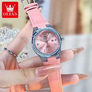 OLEVS watch for women original waterproof fashion giltter diamond dial luminous calendar leather strap relo for women