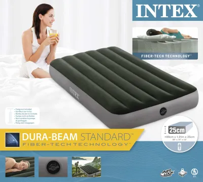 INTEX - Fiber Tech Dura Beam Super Single Air Mattress Army Green Inflatable Air Camping Foldable Travel Bed