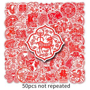 50PCS Personalized Creative Spring Festival Decoration Chinese Traditional Style Cartoon Red Paper Cut Waterproof Sticker