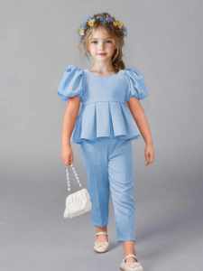 CHW TALLY Formal Outfit for Kids a Puff Sleeve Pleated blouse pair with Trouser Pants in Cotton Linen