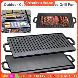 Cast Iron Double Handle Griddle Pan with Non-Stick Coating for Easy Cooking of Breakfast Steaks and Grilled Bread