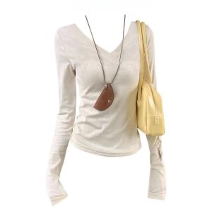 HUYTT V-neck Long Sleeve T-shirt Womens 2025 New Slim Fit Autumn Winter Basic Style Inner Gray Top Womens Clothing Daily