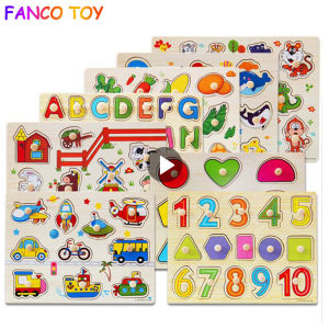 Kids Hand Grab Board 3D Puzzle alphabet and digit Wooden Toys for Children Cartoon Animal Wood Jigsaw Toddler Baby Early Educational Learning Toy