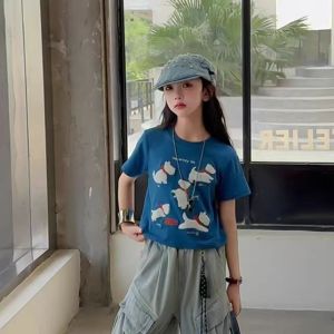 Little RD Girls Clothes Summer Cartoon Printed T-Shirt + Cargo Jeans Two-Piece Set 5-14 Years Old 25070904