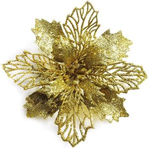 4pcs 16cm Big Golden Glitter Poinsettia Flower Artificial Poinsettia Flowers Christmas Tree Wreath Ornaments for Home Decor