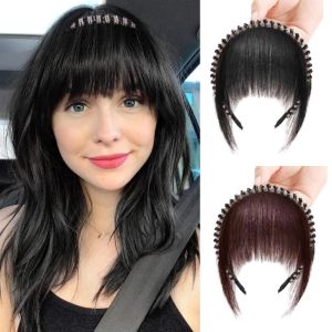 NBANLIKE Invisible Human Hair Bangs Headband Fake Fringe Rhinestone Bang Hair Extension Fashion Styling Clip on Hairpieces Women