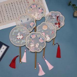 XYAX Cổ điển Quạt tròn Thêu Bán trong suốt Quạt lụa Phụ kiện khiêu vũ tiệc tùng Có tua rua Quạt cầm tay Phụ nữ