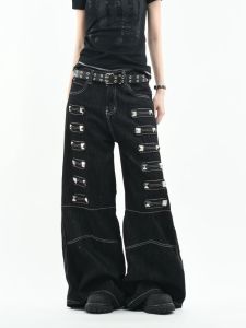 2026 Gothic Y2K American Style Patchwork Rivet Design Black Loose Streetwear Womens Jeans Trousers Women Straight Trousers2026