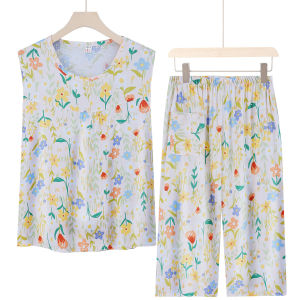 Grandma Summer Cotton Silk Sleeveless Vest Pajamas Two-Piece Suit for Middle-Aged and Elderly Mothers Summer Home Wear Suit Women