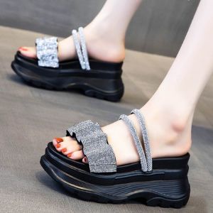 [Free Shipping] Summer Outerwear: Ultra-Lightweight Fashionable Rhinestone-Embellished Versatile Sandals With Thick Soles Trendy WomenS Shoes 7.5Cm Heel Round Toe
