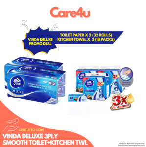 [BUNDLE DEAL] VINDA Deluxe 3PLY Toilet Paper + Facial Tissue + Kitchen Towel - Strong when wet 3X oil absorb gentle to skin smooth texture 32 rolls toilet paper 18 packs kitchen towel.