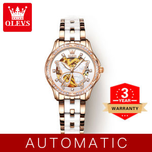 OLEVS Ceramic Automatic Watch for Women Korean Style Original Japan Movement Waterproof Luxury Leather/Stainless Steel Butterfly 35mm Large Dial Women Casual Watches-6622