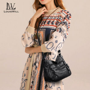 LouisWill Crossbody Shoulder Bag Soft Leather Bag Female Fashion Simple European American Trend Retro Multi-pocket Large Capacity Water Resistant Sling Bag