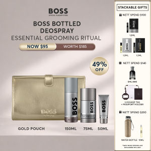 BOSS Essential Grooming Ritual | BOSS Bottled Deospray 150ml + BOSS Bottled Deodorant Stick 75ml + Boss Bottled Shower Gel 50ml  + Gold Pouch)