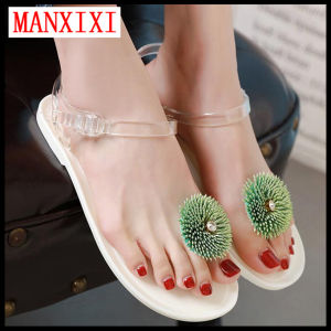 MANXIXI Brand Roman Bohemian Style Fashion Jelly Flat Sandals Toe Clip Round Head Beautiful Green Grass Pearl Model Shoes For Women （35-40 Size）
