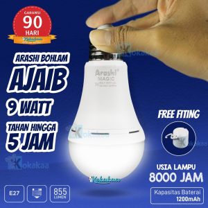 Bohlam Emergency 18 Watt ARASHI AJAIB NEW II Tahan 5 - 6 Jam AC/DC MAGIC Lithium 2400maH Gratis Fitting Gantung Cahaya Putih